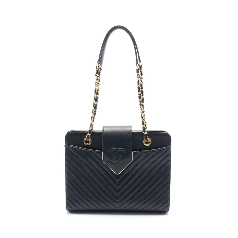 Chanel Chevron V stitch Shoulder Bag Leather Navy Blue